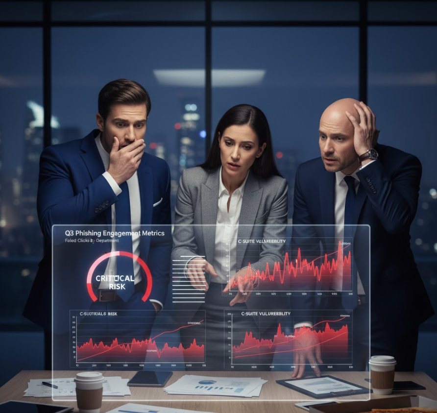 Concerned executives looking at failing phishing metrics on a futuristic display.